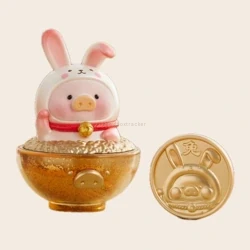 Gold Rice Bowl Rabbit Figure and Coin