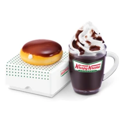 Chocolate Iced Kreme Filled Doughnut & Hot Chocolate