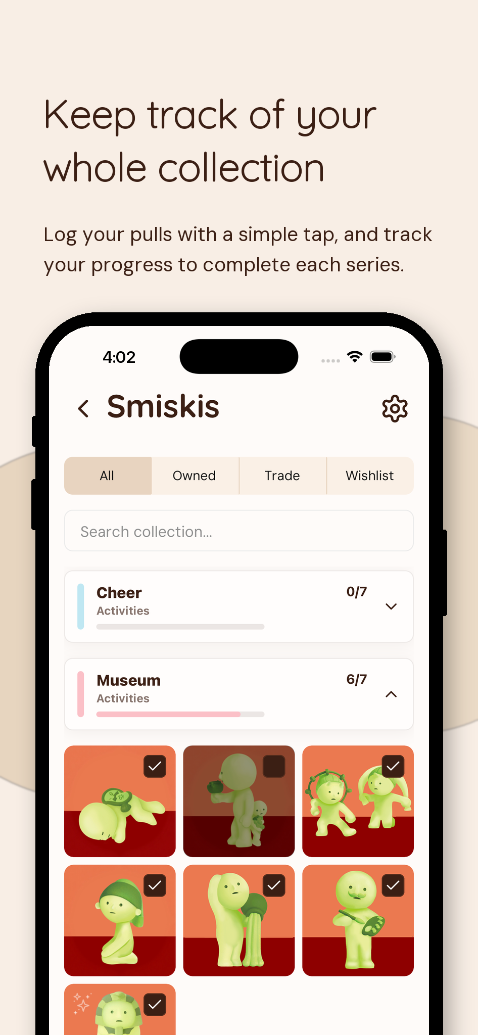 Blind Box Tracker app screenshot showing a Smiskis collection checklist with filters, search, progress, and collectible cards.