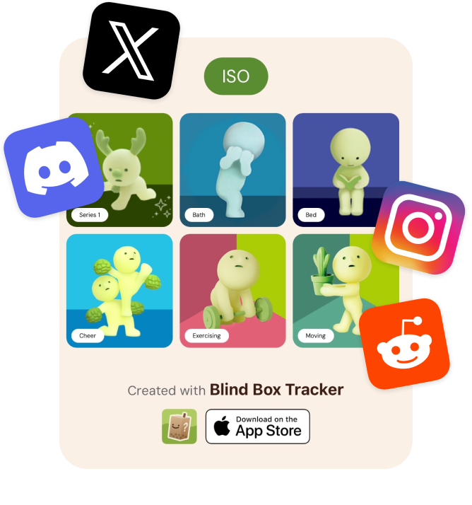 Blind Box Tracker share image showing a collection grid and social icons.