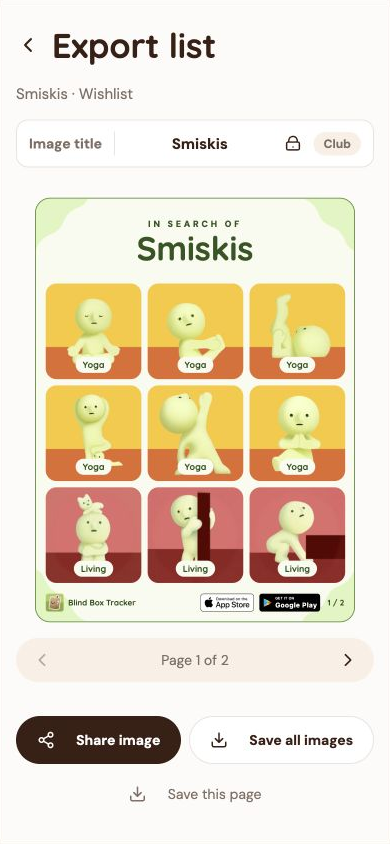 Blind Box Tracker app showing a shareable Smiskis wishlist.